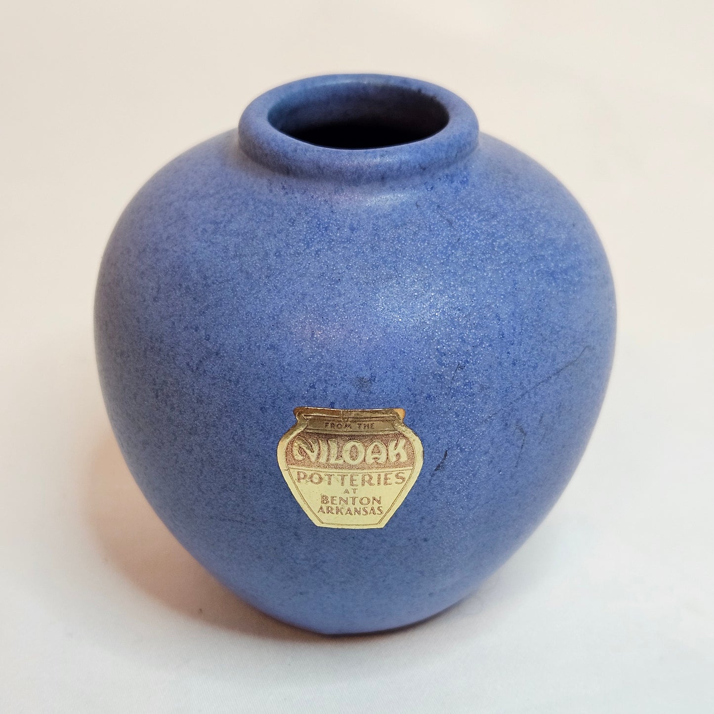 Vintage Niloak Pottery small round vase, Ozark Blue, late 1930s