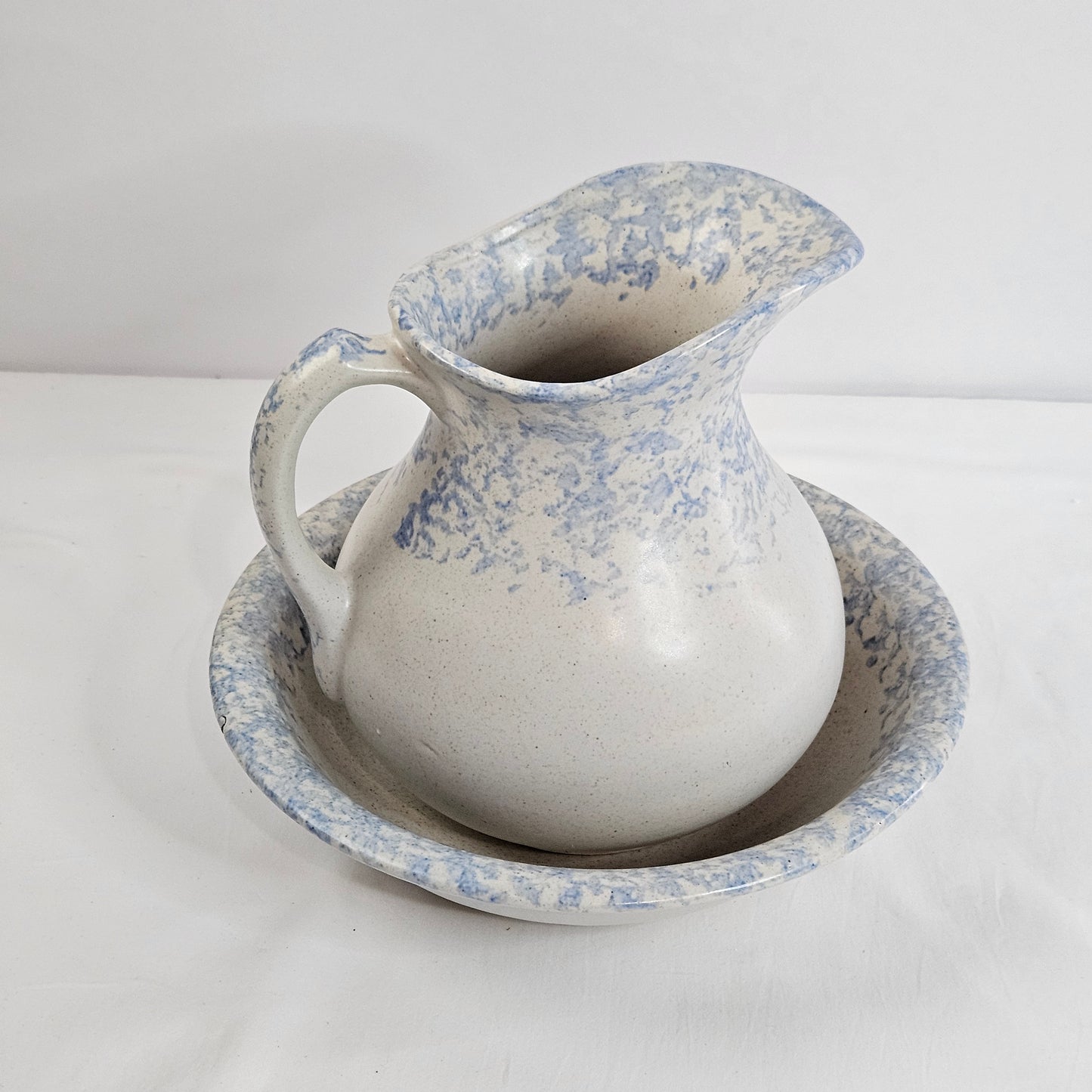 Vintage RRP Company Blue Spongeware pitcher and bowl set