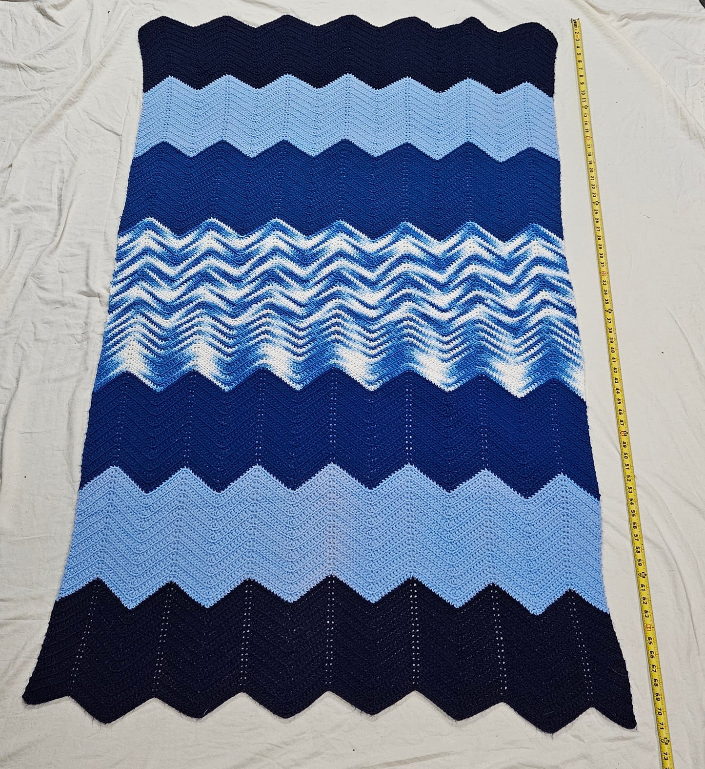 Handmade, large crochet blanket, blue ripple stitch stripes, 71" x 40"