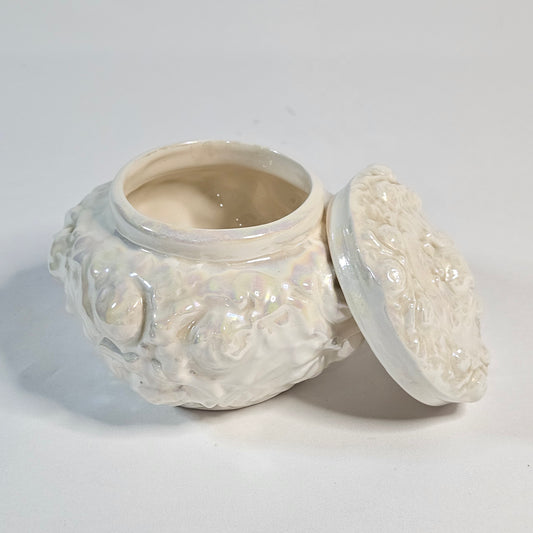 Vintage porcelain trinket box, iridescent white, rose pattern