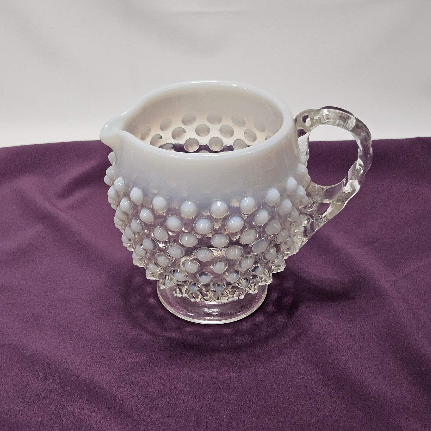 Fenton Opalescent White Hobnail small glass footed pitcher, 4.5" tall, 5.5" wide