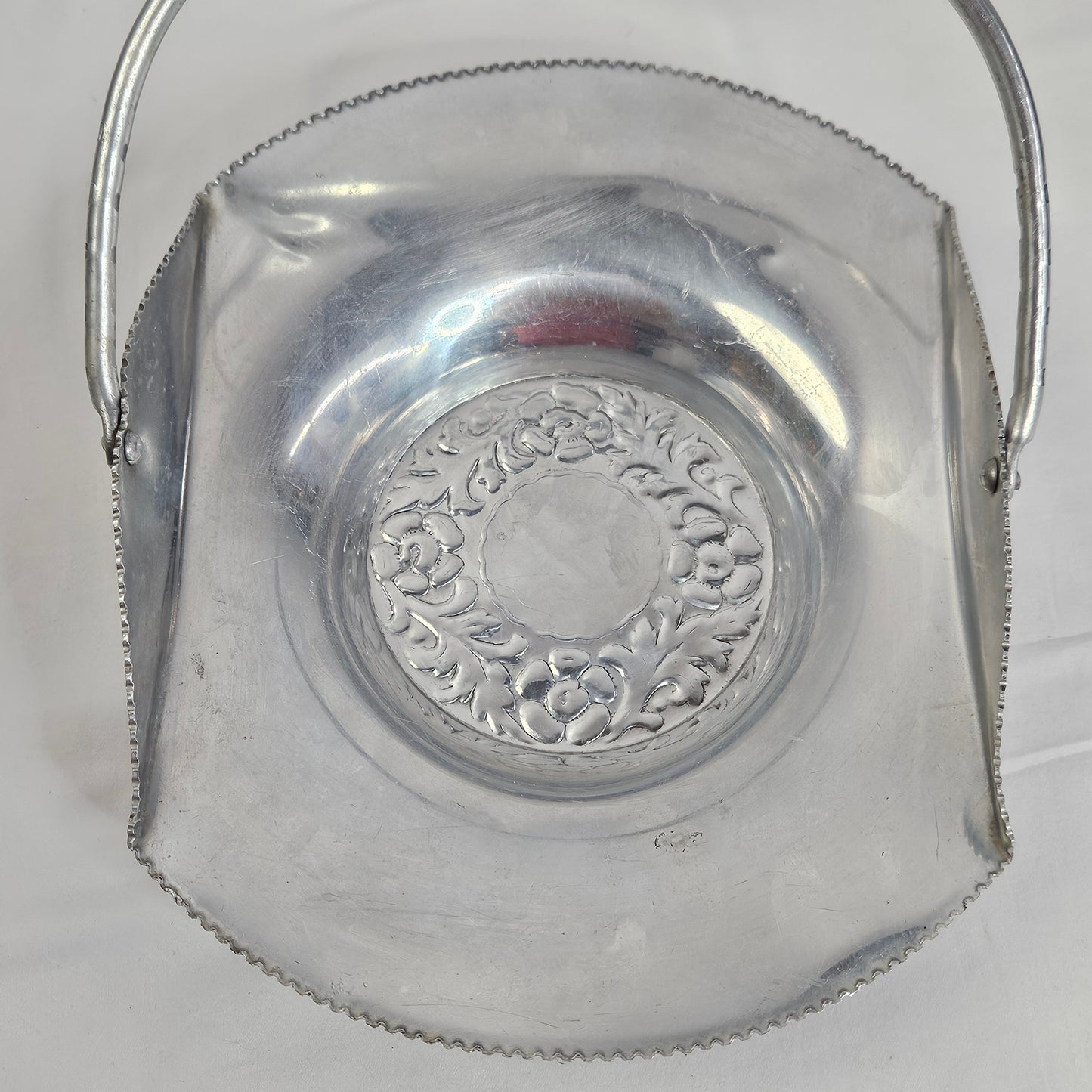 Vintage Aluminum serving tray with handle and floral designs