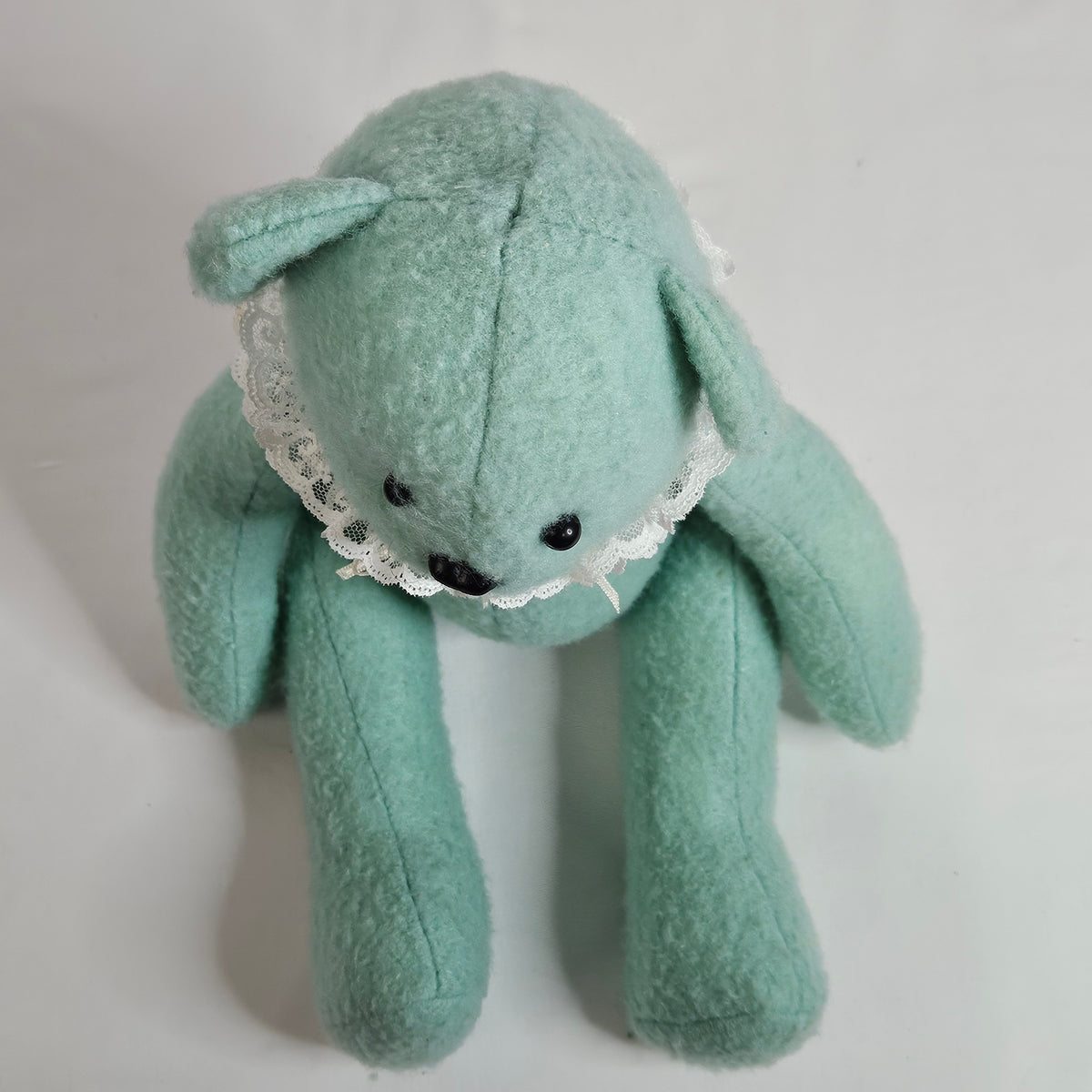 Handmade Vintage Jointed Teddy Bear, Light Blue Green color with lace collar