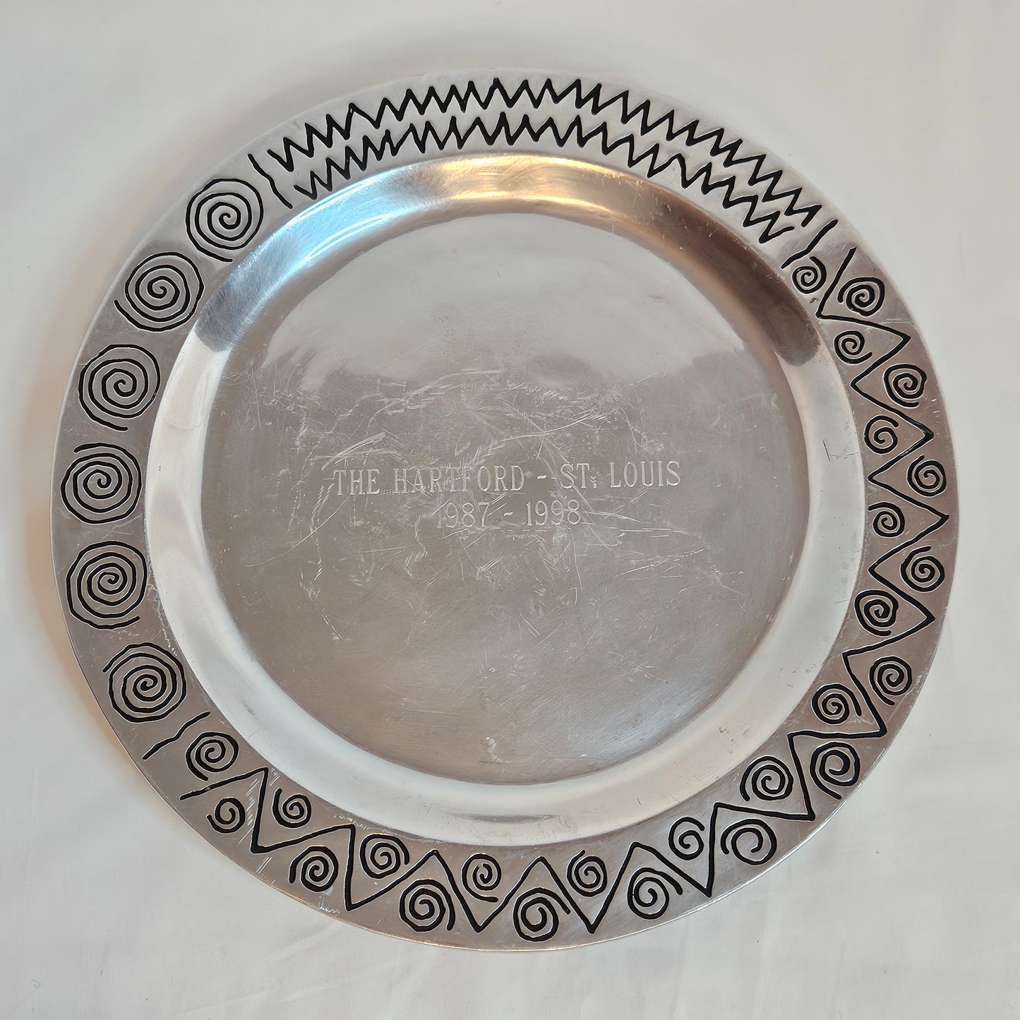 Wilton Co. RWP pewter serving tray, engraved The Harford - St. Louis 1987 - 1998