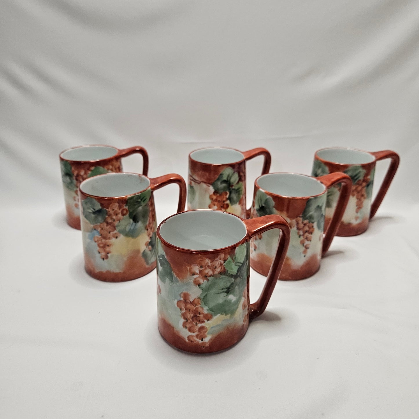Vintage Imperial PSL Austria handpainted dark orange floral coffee mugs, set of 6