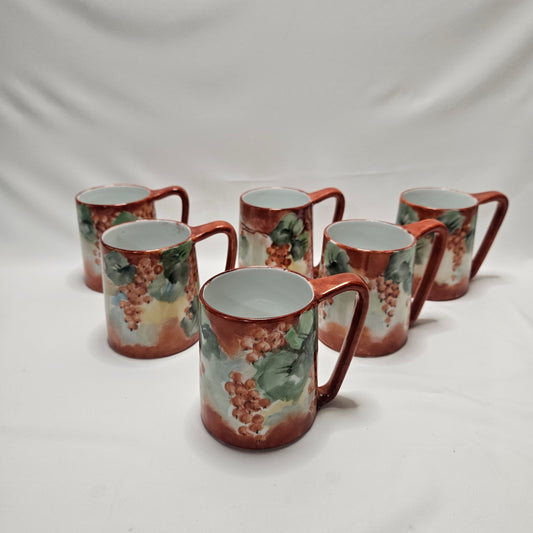 Vintage Imperial PSL Austria handpainted dark orange floral coffee mugs, set of 6