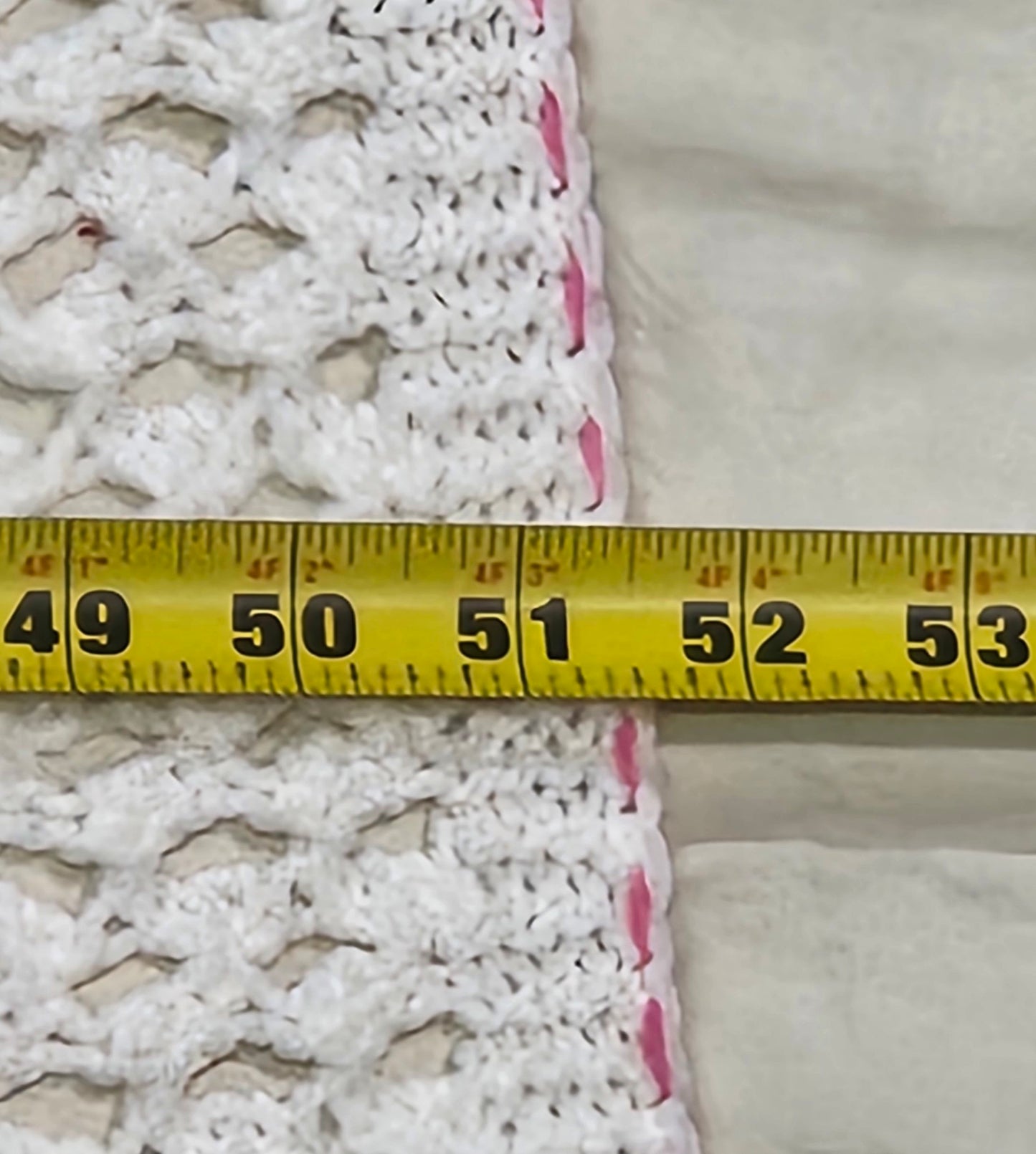 Handmade crochet blanket, lacy white stitch with flower embellishments, 58" x 51"