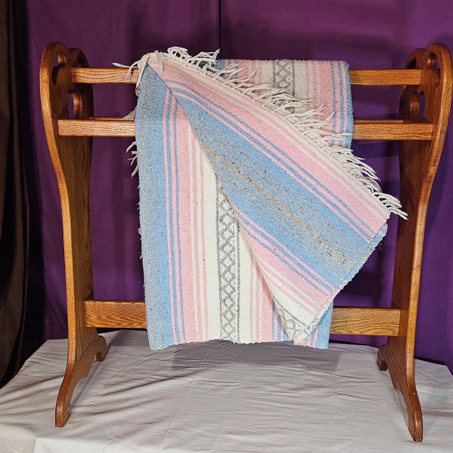 Pink and blue pastel heavy woven Mexican blanket 70" x 52"