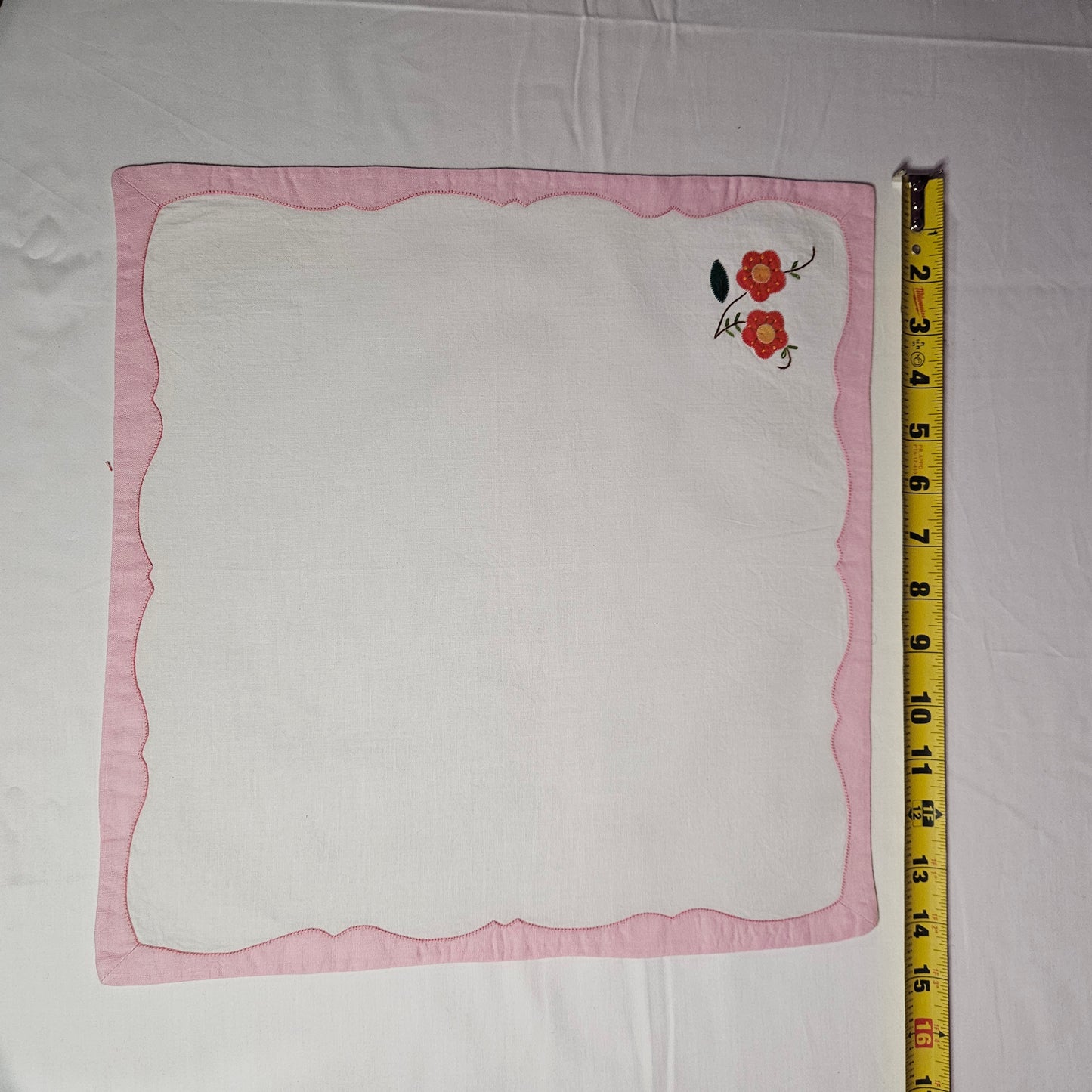 Vintage Placemat and Napkin set, appliqué pink flower and embroidery, 4 each