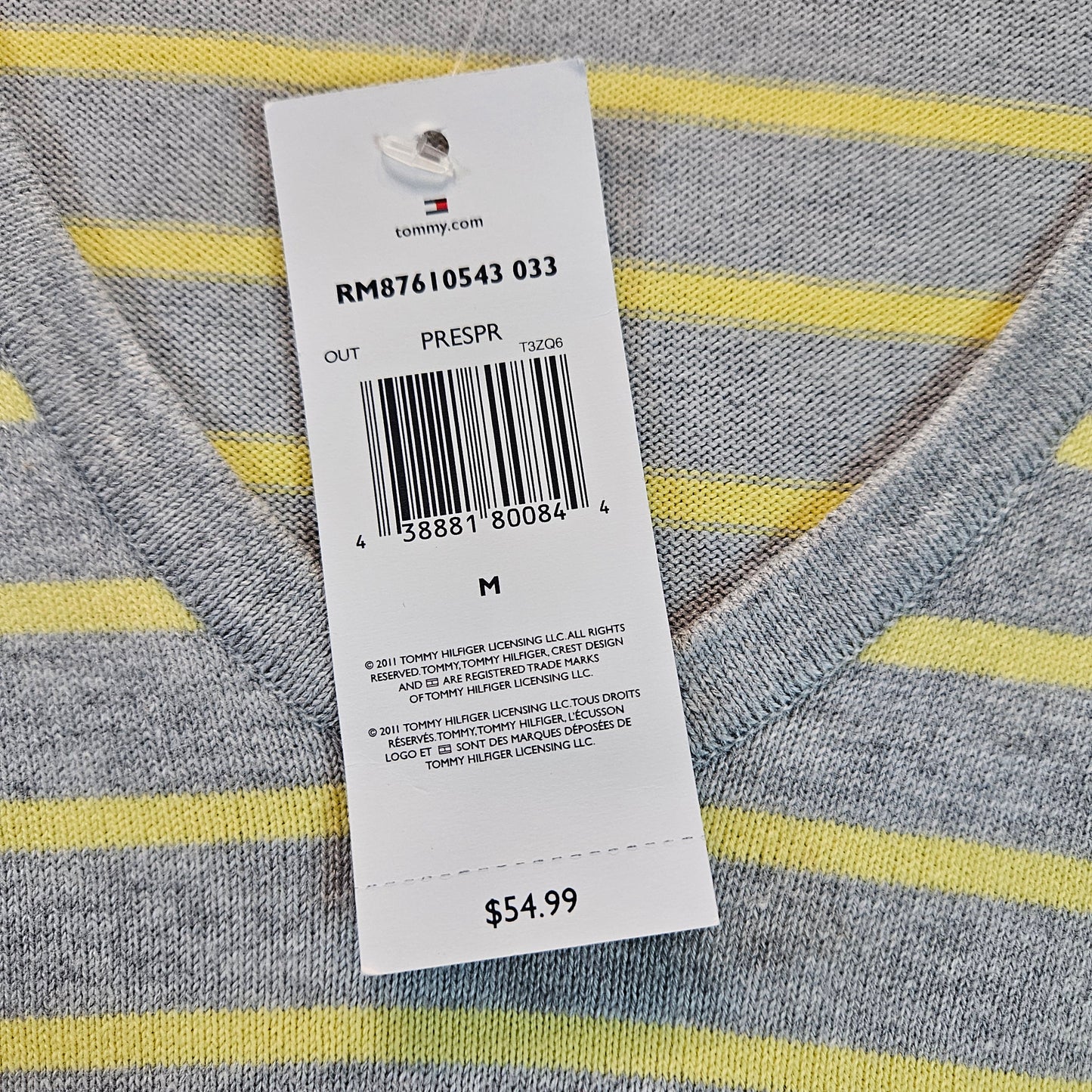 Tommy Hilfiger NWT long-sleeve, v-neck striped sweater, light gray with yellow stripes, medium