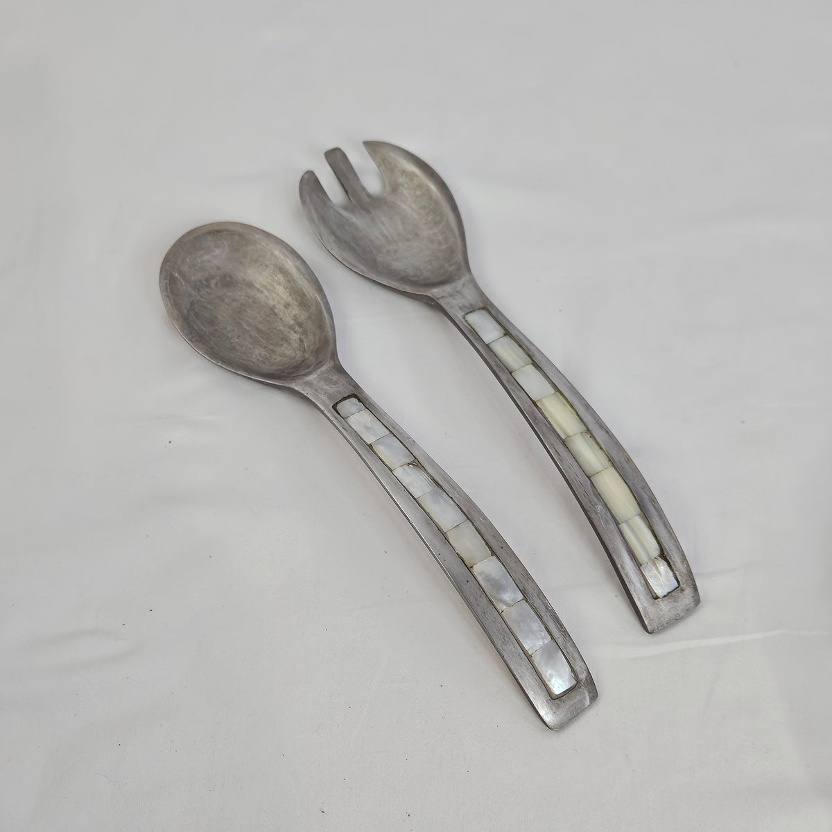 Vintage Pewter Salad serving set,  spoon and fork with inlaid  mother-of-pearl accents