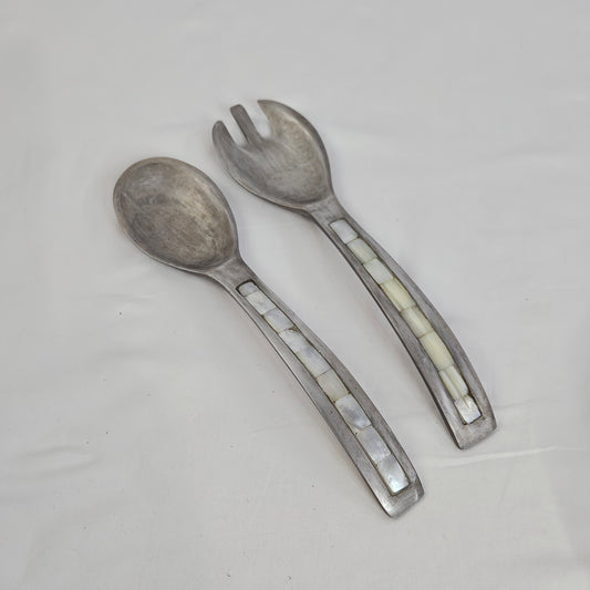Vintage Pewter Salad serving set,  spoon and fork with inlaid  mother-of-pearl accents