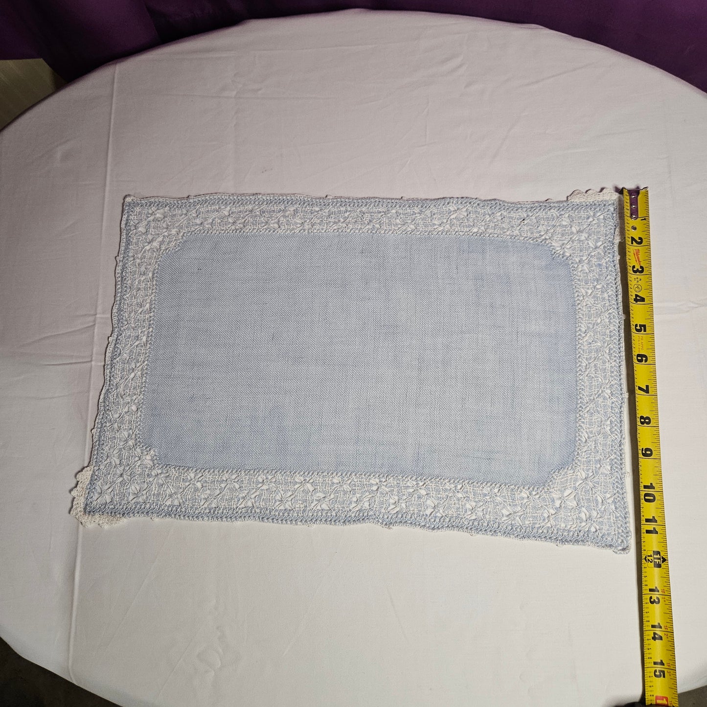 Vintage placemats, light blue linen with threadwork border and crochet accents, set of 7