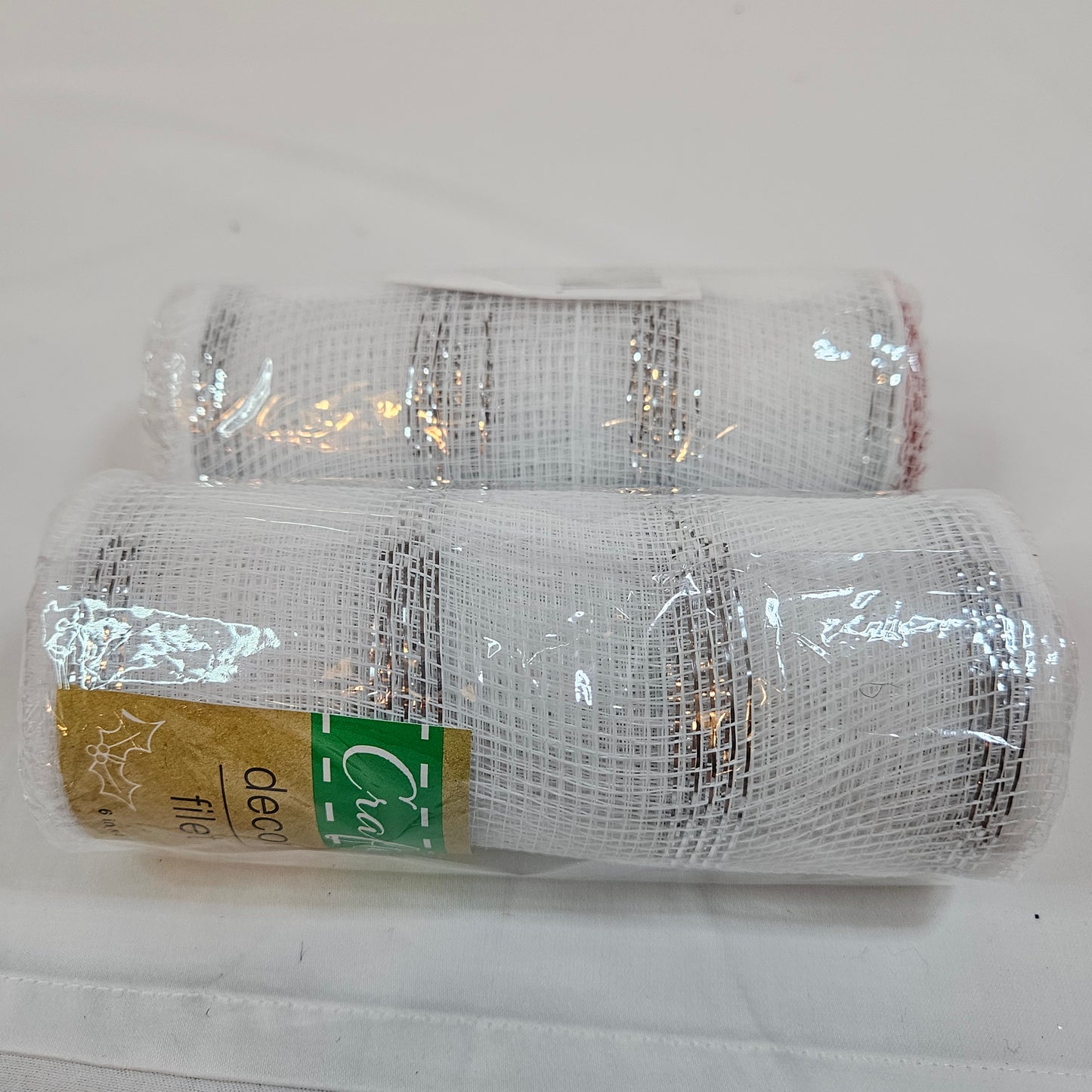 Crafter's Square, White mesh decorative 6 inch ribbon with silver metallic stripes, 2 rolls