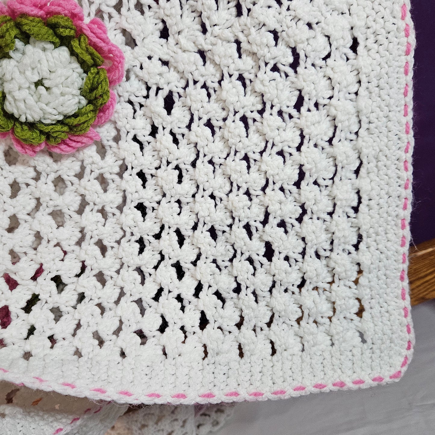 Handmade crochet blanket, lacy white stitch with flower embellishments, 58" x 51"