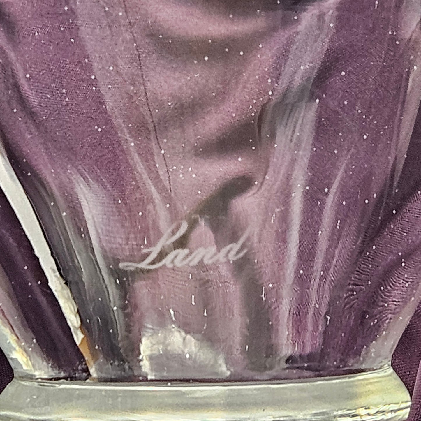 Art glass heavy tumblers, two 4" glasses, hand-blown and engraved "Land"