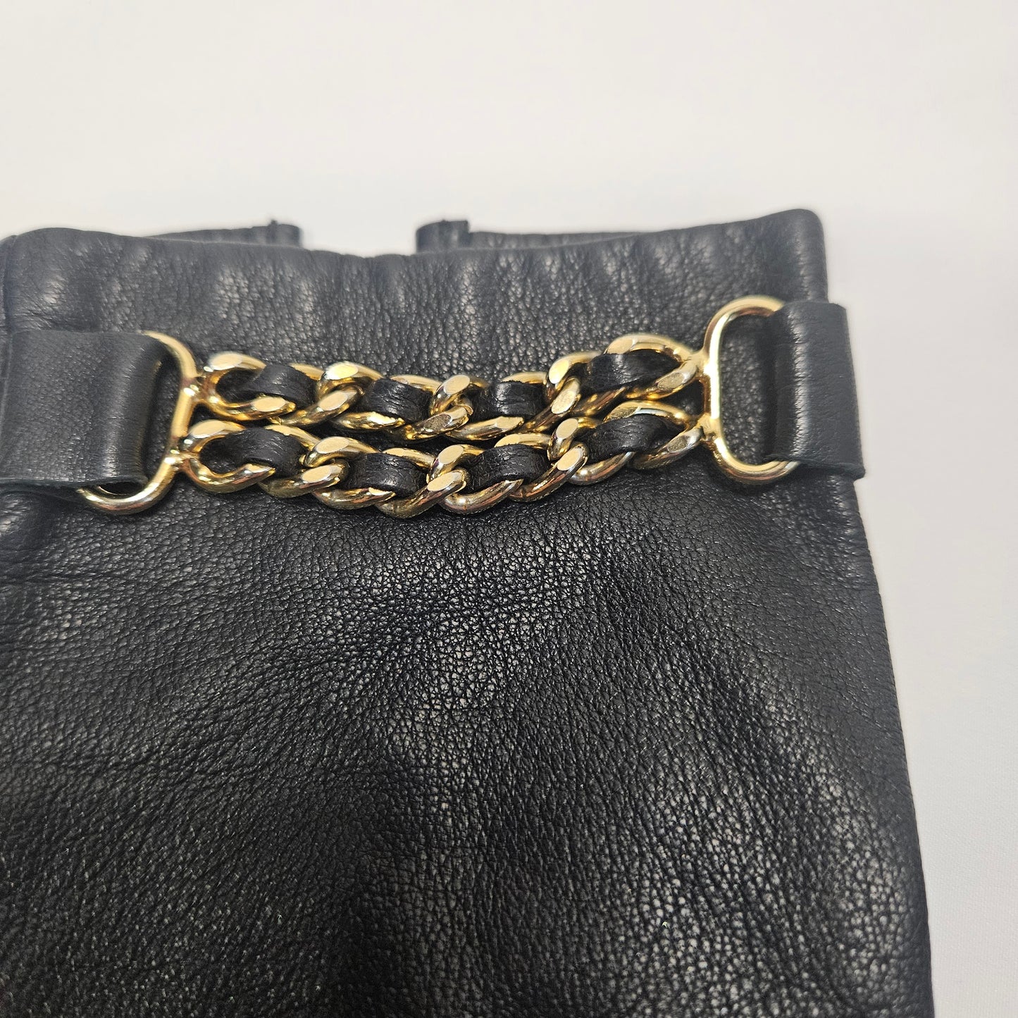 Womens vintage Agnelle black lamb leather silk lined gloves with gold chain accent