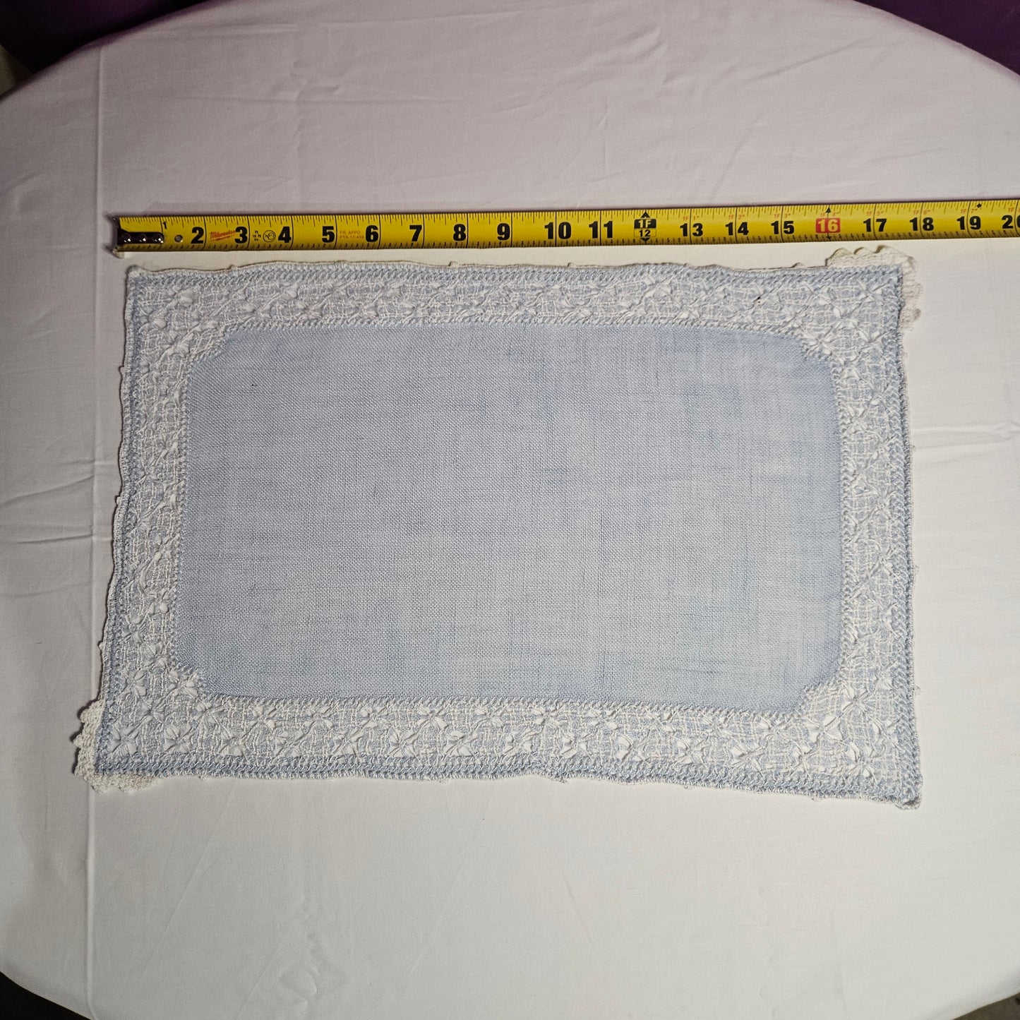 Vintage placemats, light blue linen with threadwork border and crochet accents, set of 7