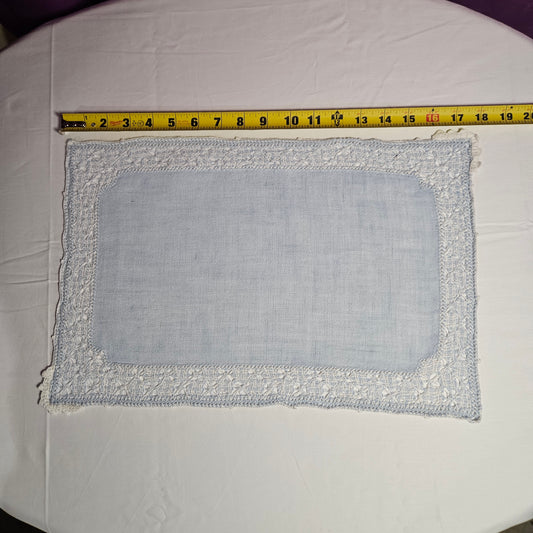 Vintage placemats, light blue linen with threadwork border and crochet accents, set of 7