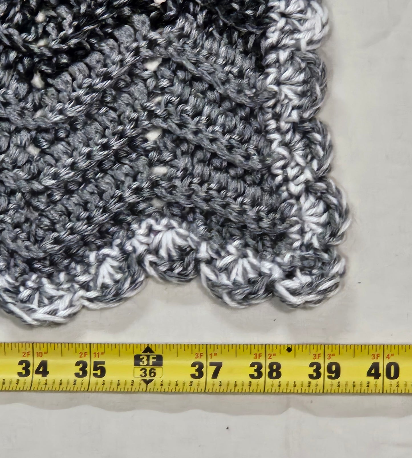 Handmade crochet heavy blanket in black, white, and grey, 45" x 39"