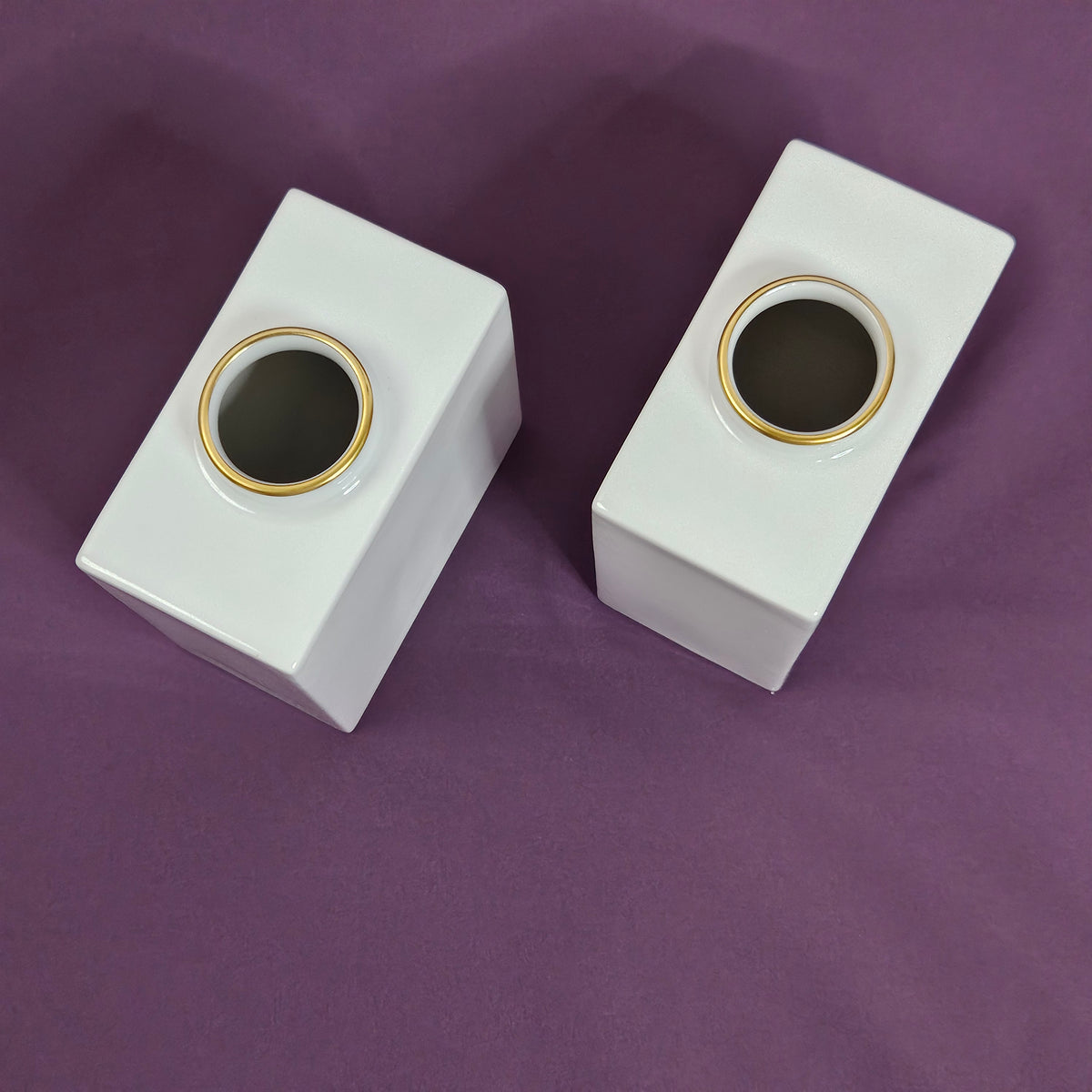 Vintage KPM Cadre small square vases with gold trim, pair
