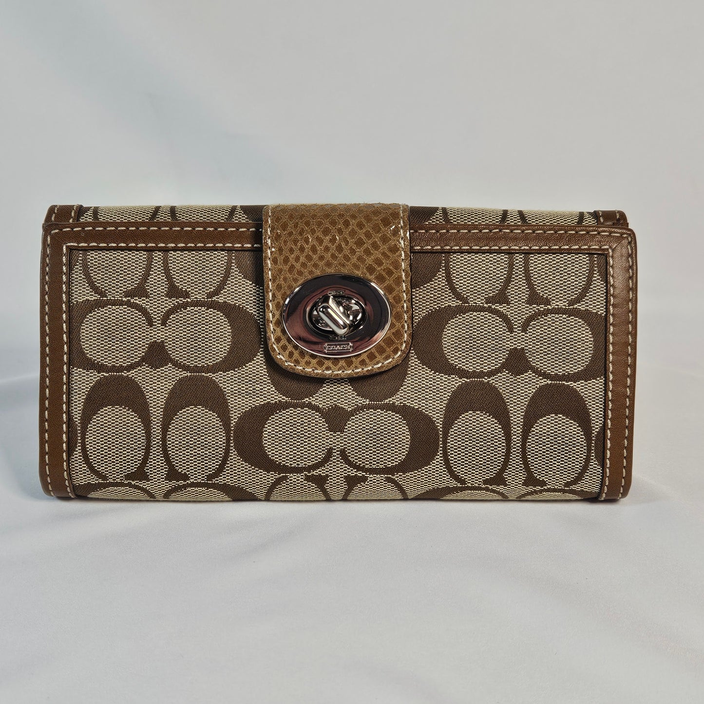 Coach Wallet, Signature C Khaki Brown, Turnlock, Jacquard Leather Trim