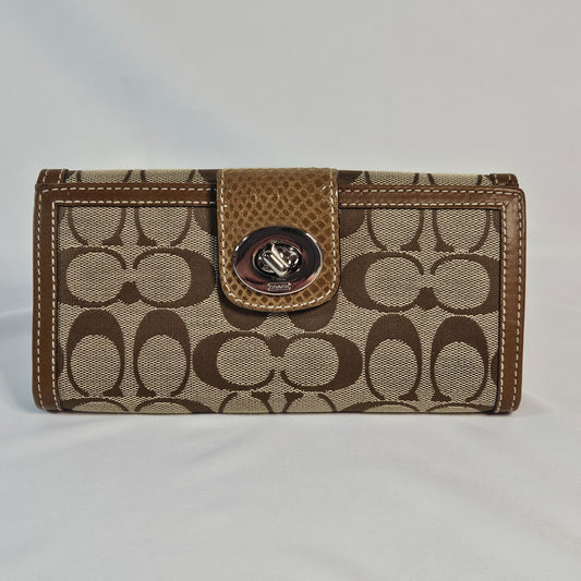 Coach Wallet, Signature C Khaki Brown, Turnlock, Jacquard Leather Trim
