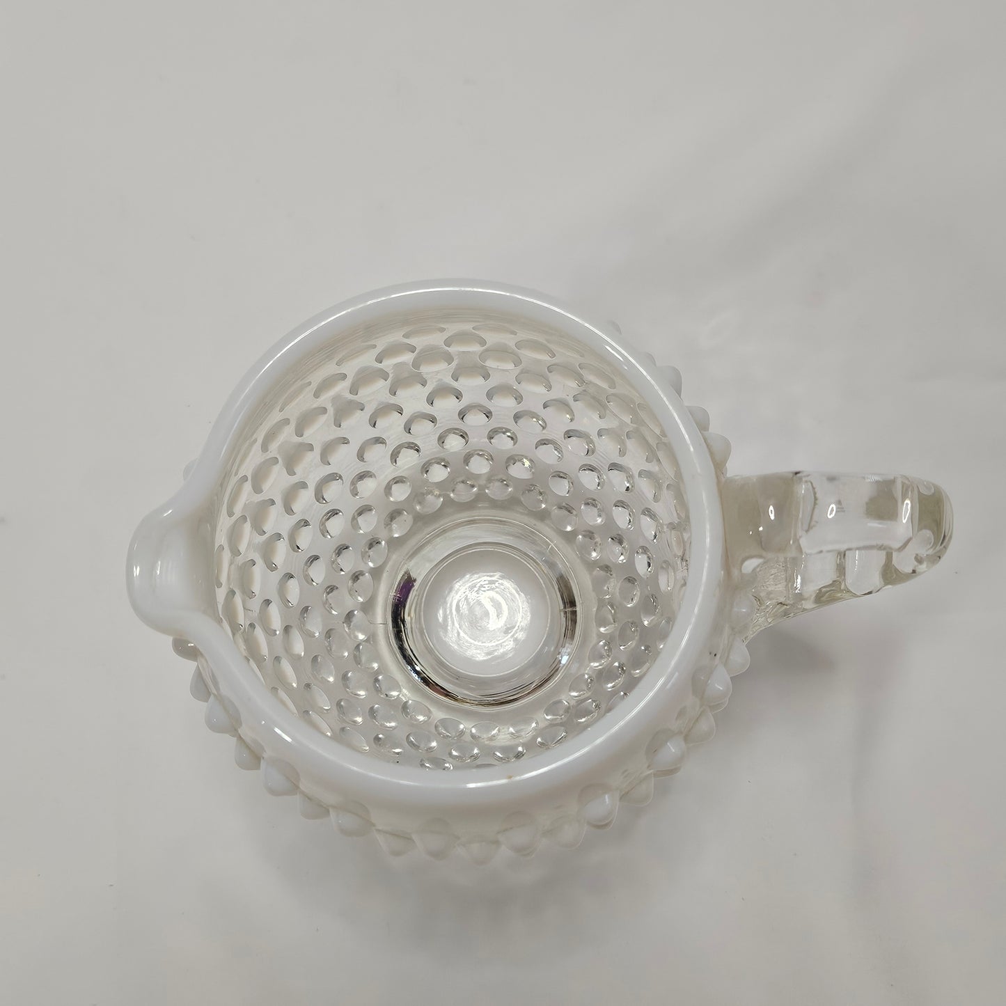 Fenton Opalescent White Hobnail small glass footed pitcher, 4.5" tall, 5.5" wide