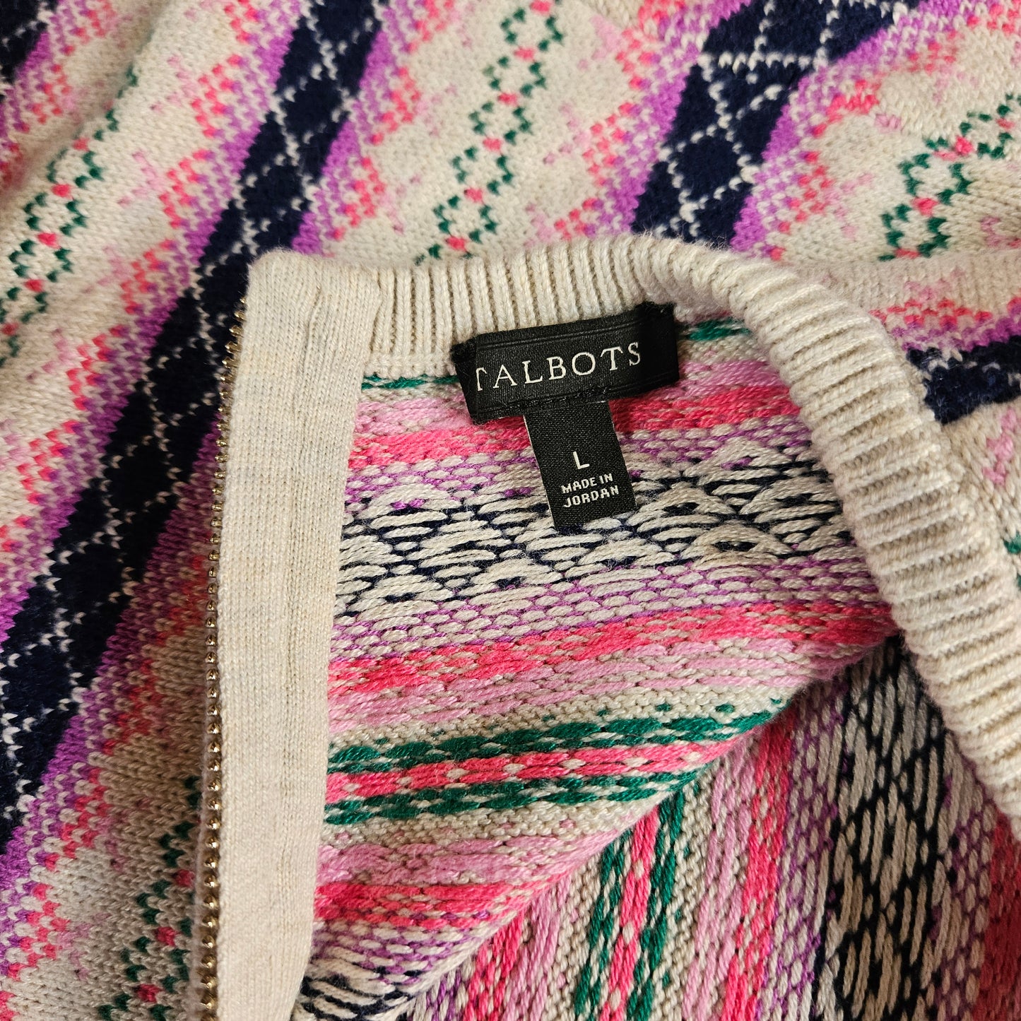 Talbot's zip-back long sleeve sweater, pink/navy stripes, Large