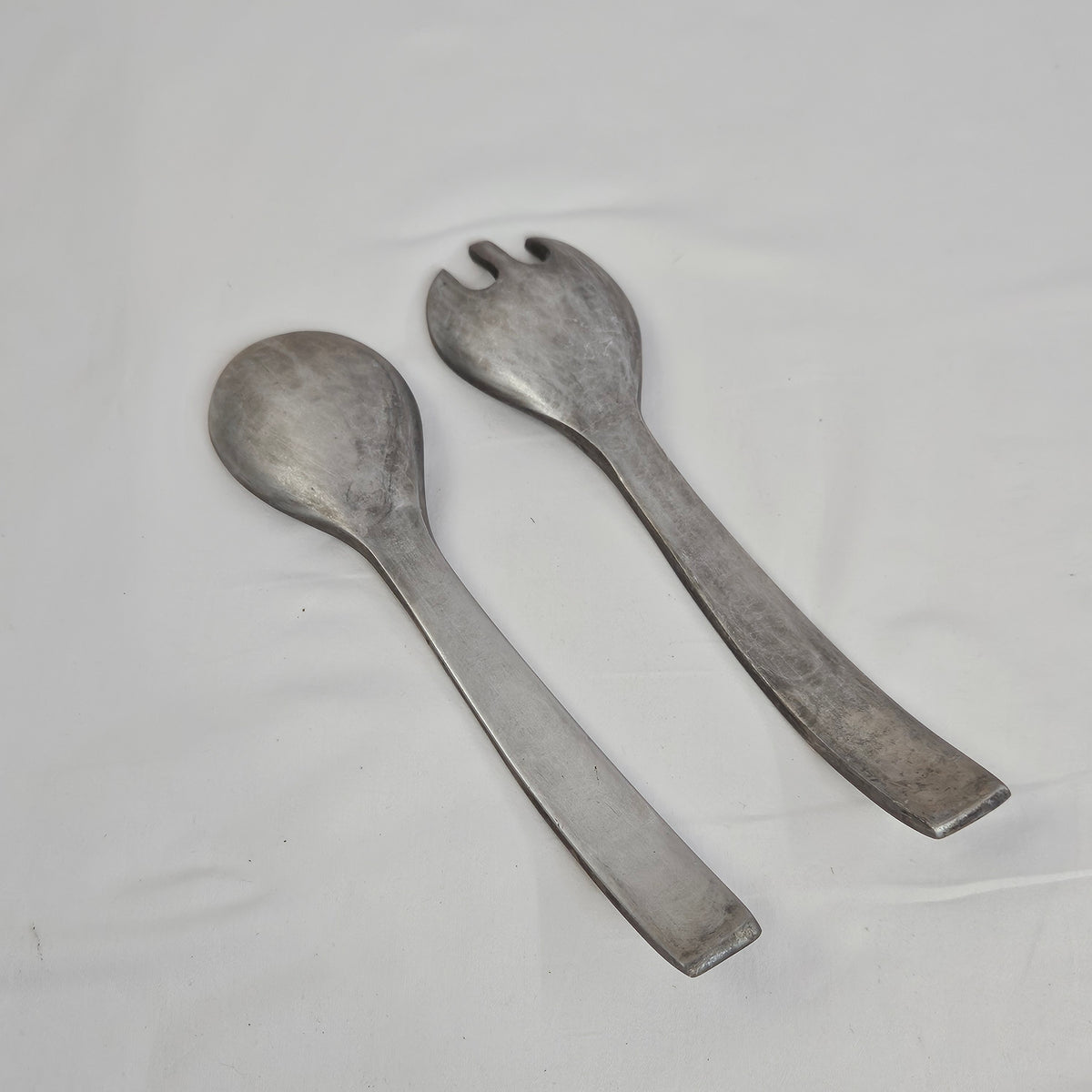 Vintage Pewter Salad serving set,  spoon and fork with inlaid  mother-of-pearl accents