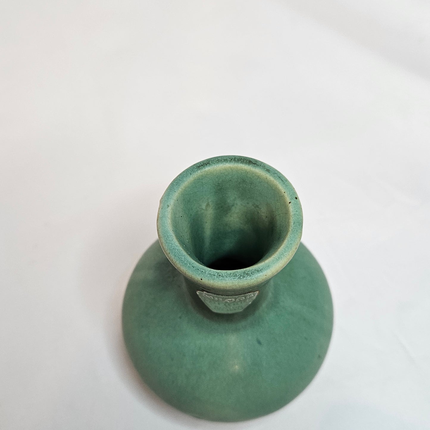 Vintage Niloak Pottery small green bud vase, 3.75 inches tall