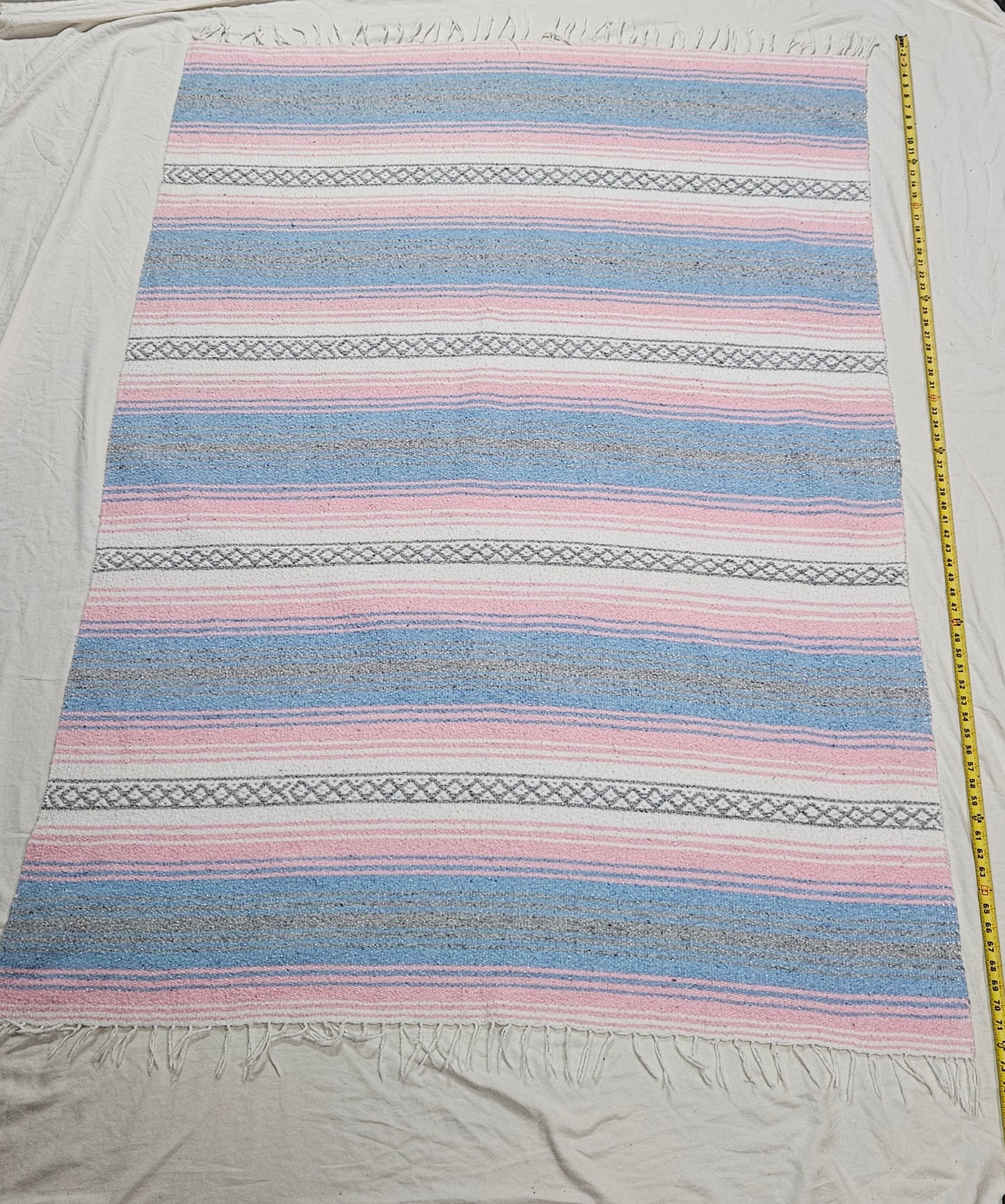 Pink and blue pastel heavy woven Mexican blanket 70" x 52"