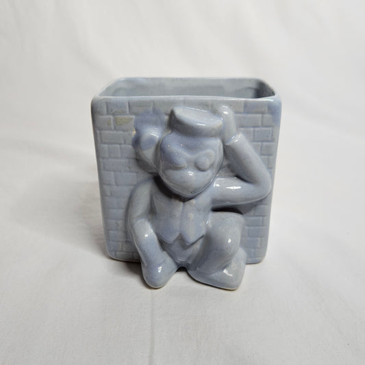 Vintage Niloak Circus Monkey planter, light blue, 4" tall