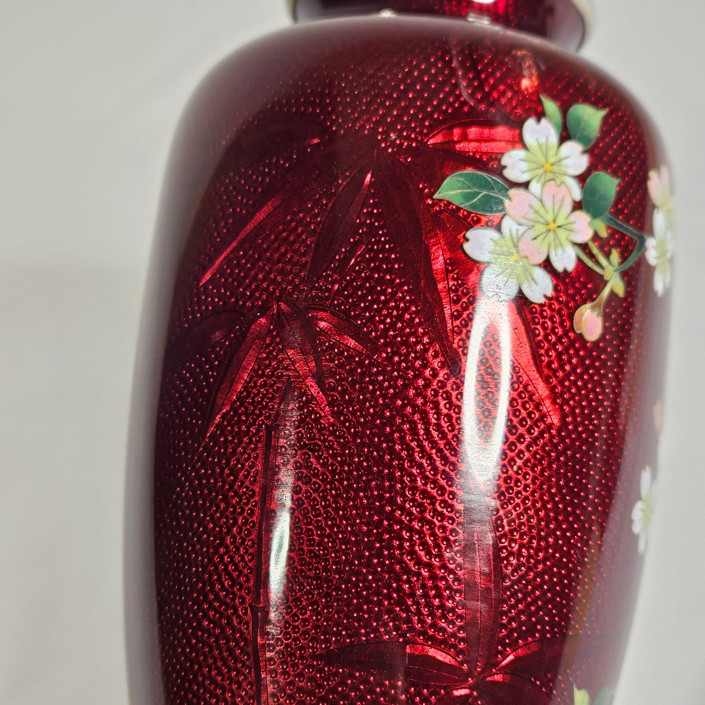 Vintage Japanese ginbari cloisonné vase, pigeon blood red enamel, 7"