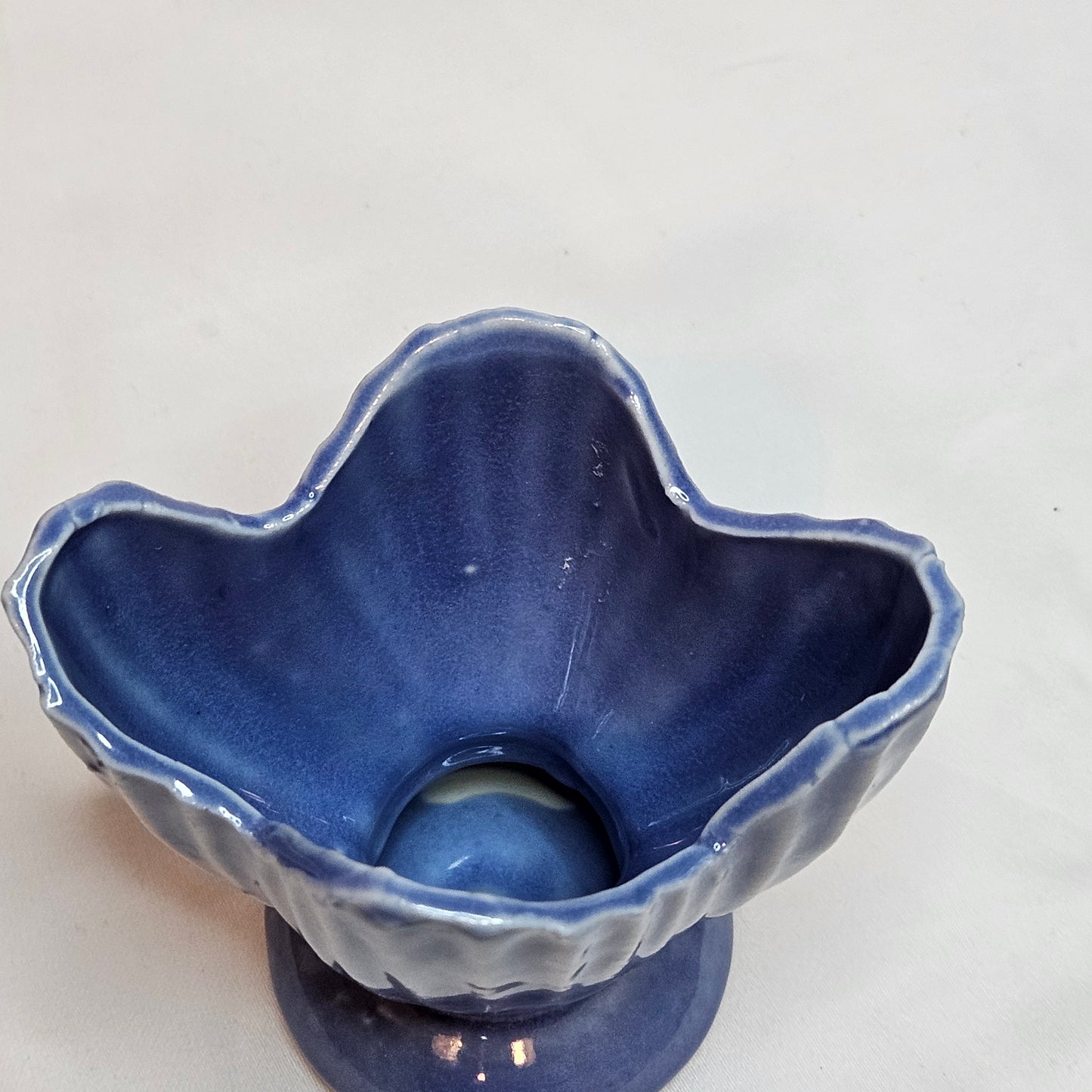 Vintage Niolak scalloped small vase, 3 inches, Ozark Blue, 1940s