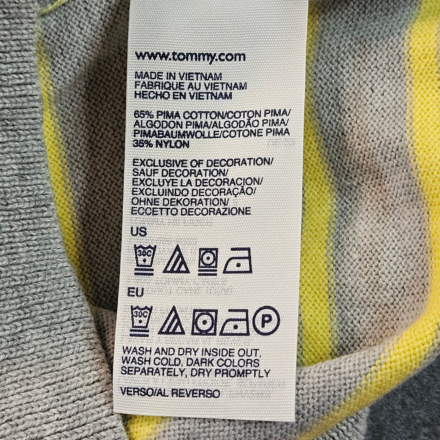 Tommy Hilfiger NWT long-sleeve, v-neck striped sweater, light gray with yellow stripes, medium
