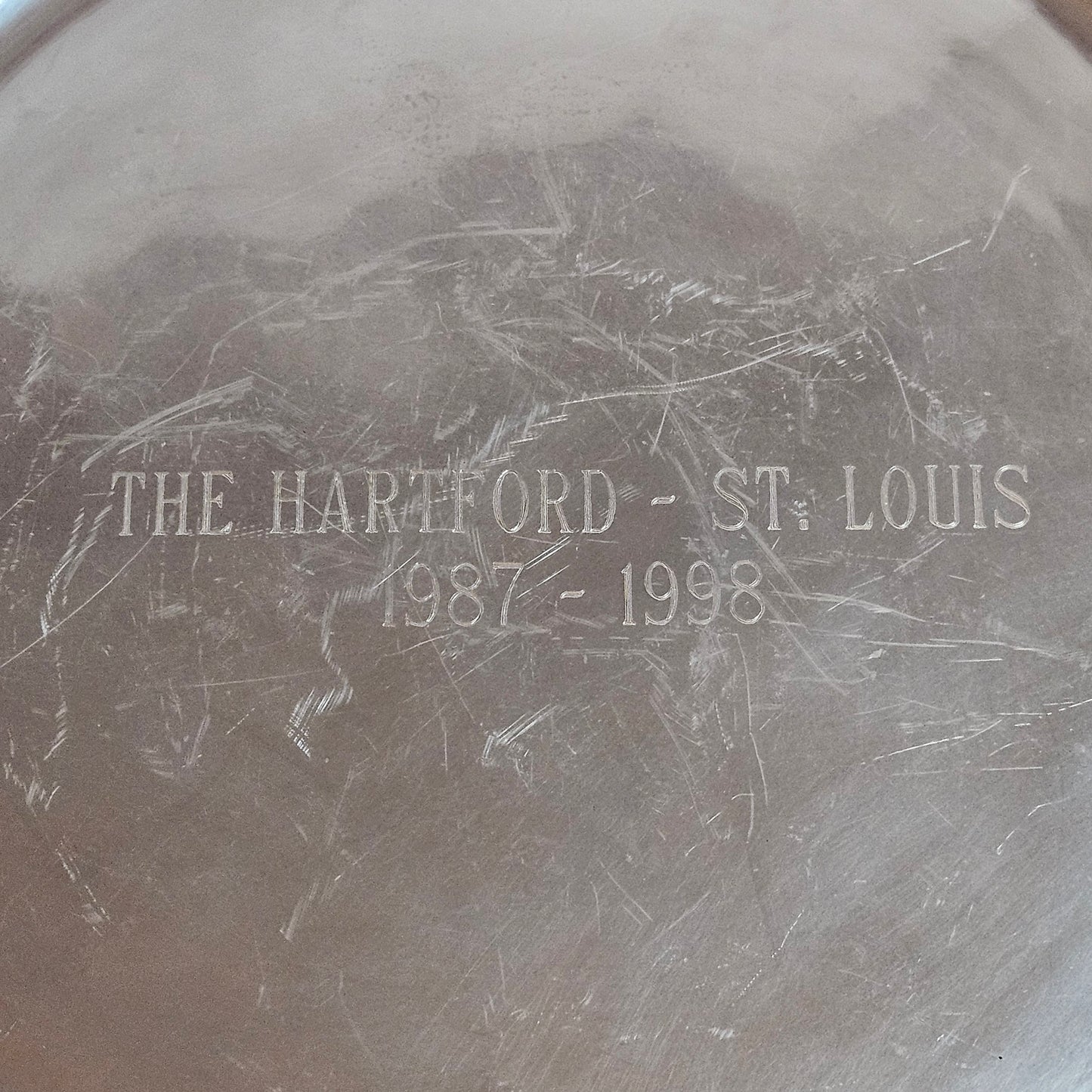 Wilton Co. RWP pewter serving tray, engraved The Harford - St. Louis 1987 - 1998