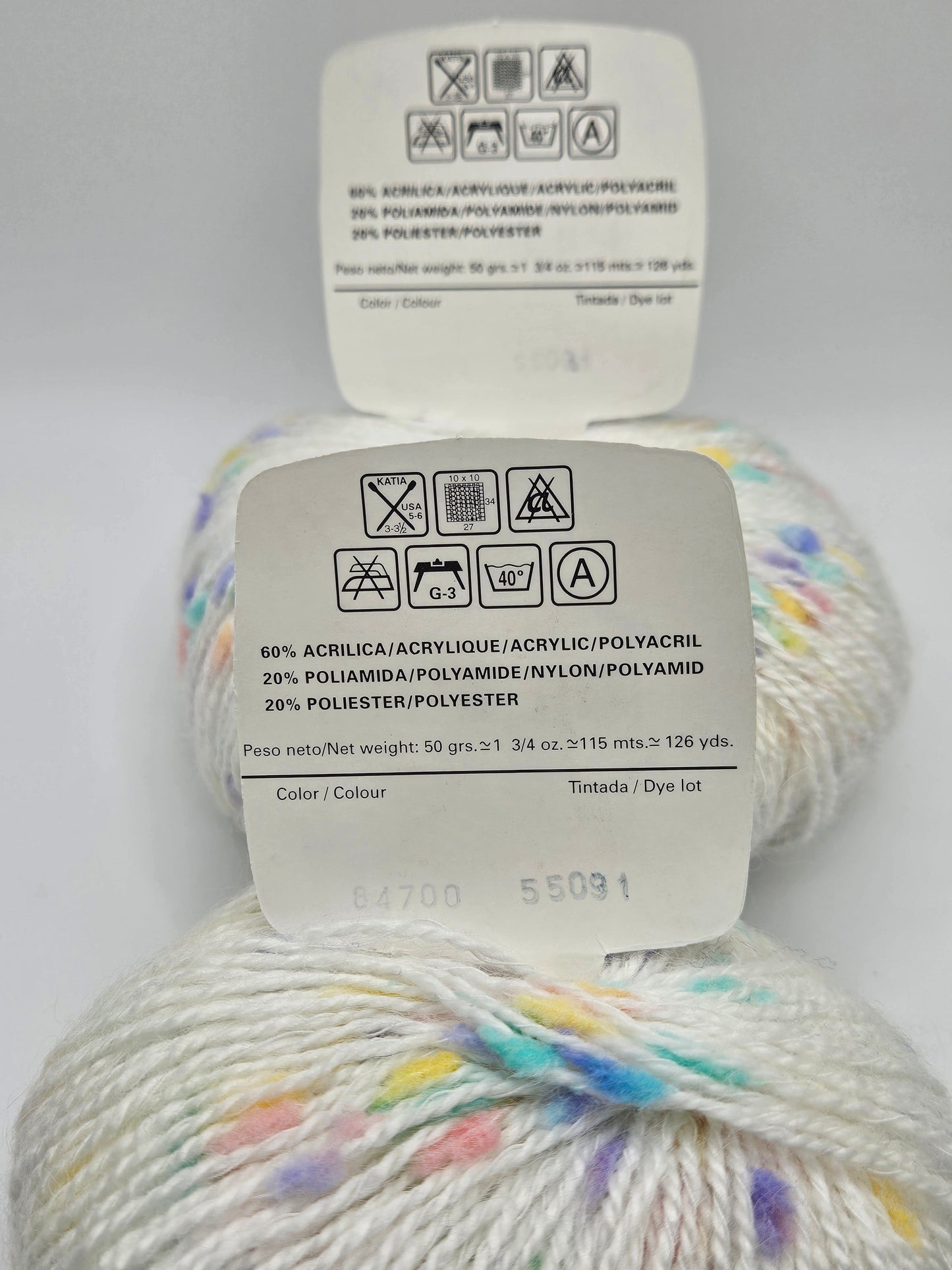 Confeti Yarn by Katia, White with Pastel Flecks, 2 Skeins, same dye lot