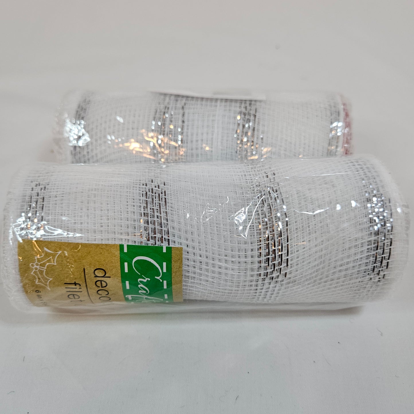 Crafter's Square, White mesh decorative 6 inch ribbon with silver metallic stripes, 2 rolls