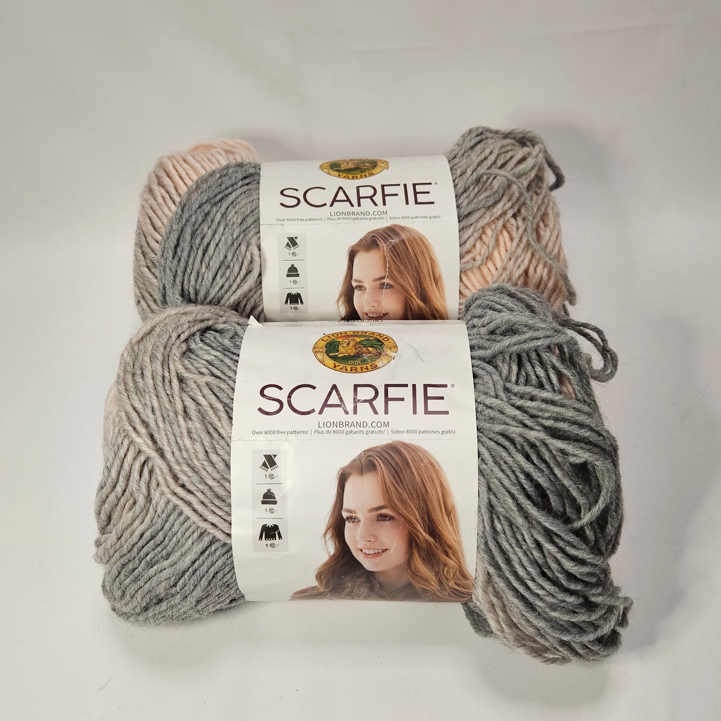 Lion Brand Scarfie yarn, Pink/Silver, 5 bulky