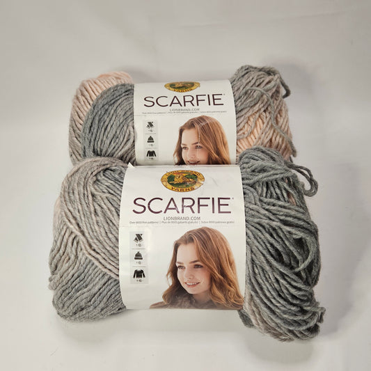 Lion Brand Scarfie yarn, Pink/Silver, 5 bulky