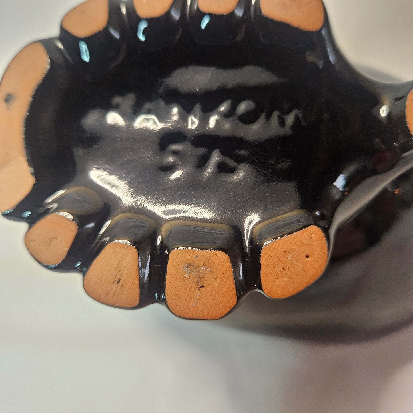 Vintage Frakoma Pottery 575 black cornucopia footed dish