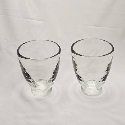 Art glass heavy tumblers, two 4" glasses, hand-blown and engraved "Land"