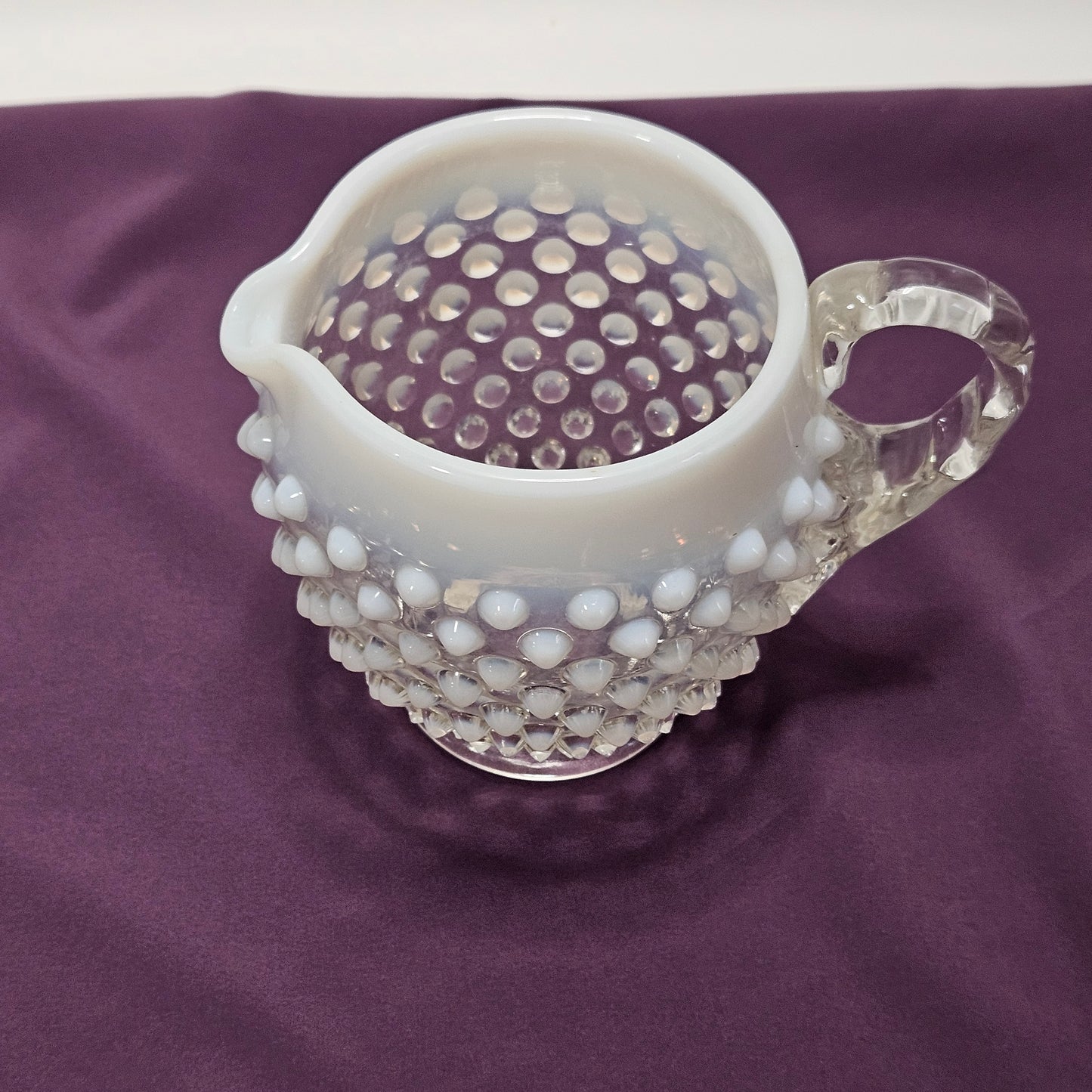 Fenton Opalescent White Hobnail small glass footed pitcher, 4.5" tall, 5.5" wide