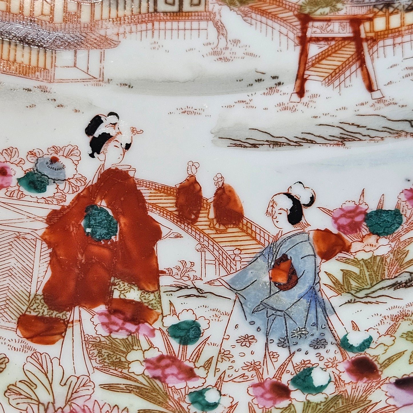 Geisha girl vintage hand painted plate, leaf shaped