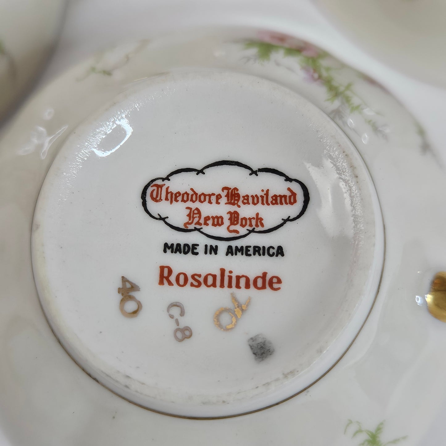 Haviland New York Rosalinde cups, cream floral with gold trim, made in America, set of 6