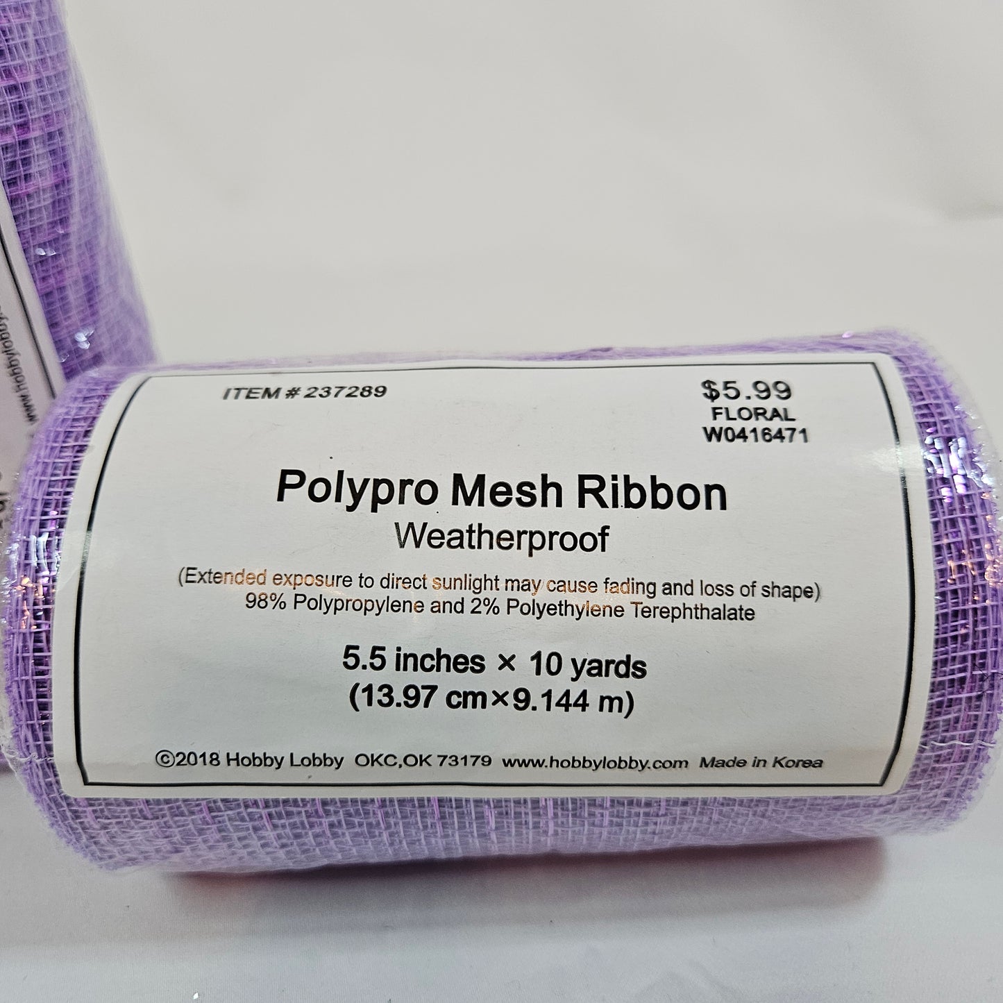 Lot of Polypro Mesh ribbon, Hobby Lobby, 4 rolls, White/Purple, 5.5 inch