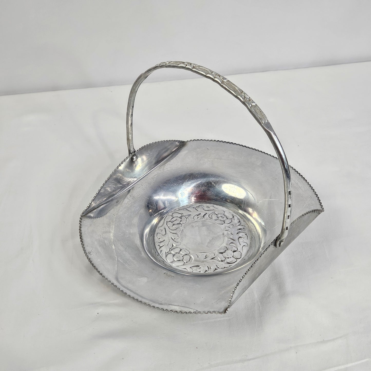 Vintage Aluminum serving tray with handle and floral designs