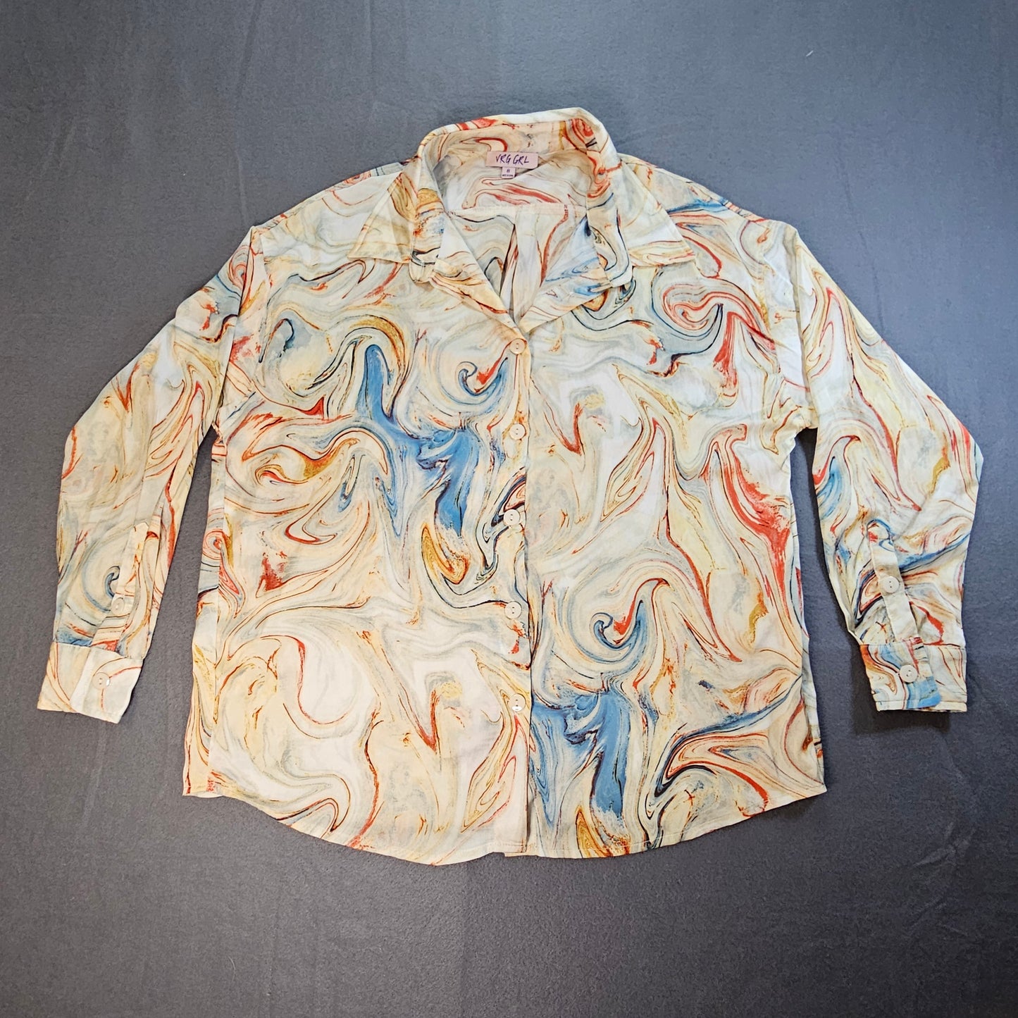 VRG GRL long sleeve button front shirt in marbled pattern, size small