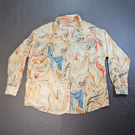 VRG GRL long sleeve button front shirt in marbled pattern, size small